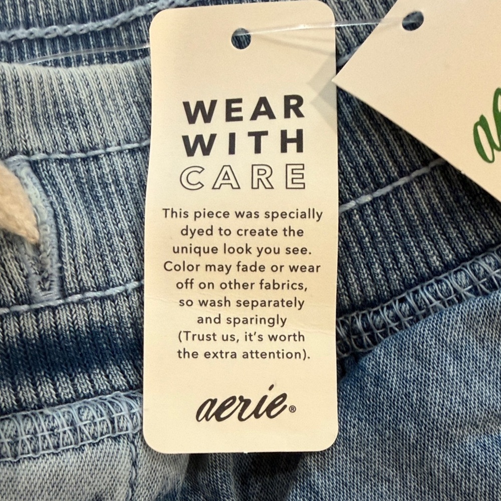Aerie Light Blue Denim Pants with Cream Drawstring. Medium - Picture 9 of 10